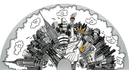 black and white pop are piece "Half Way Around the City" with the Statue of Liberty front and center with gold accents