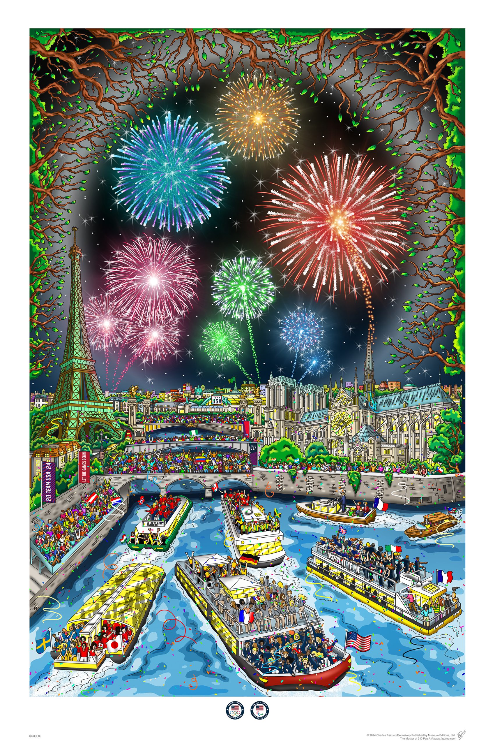 Fireworks surrounded by a circle of trees over a colorful Paris cityscape including boats on the river and the Olympic stadium