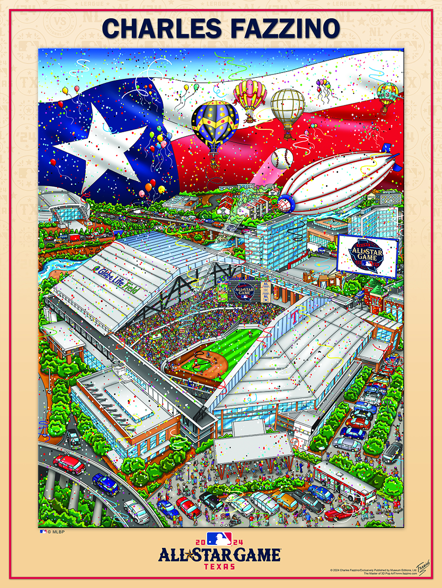 A large Texas flag sits over the Arlington sports stadium, with baseball fans cheering in the stands