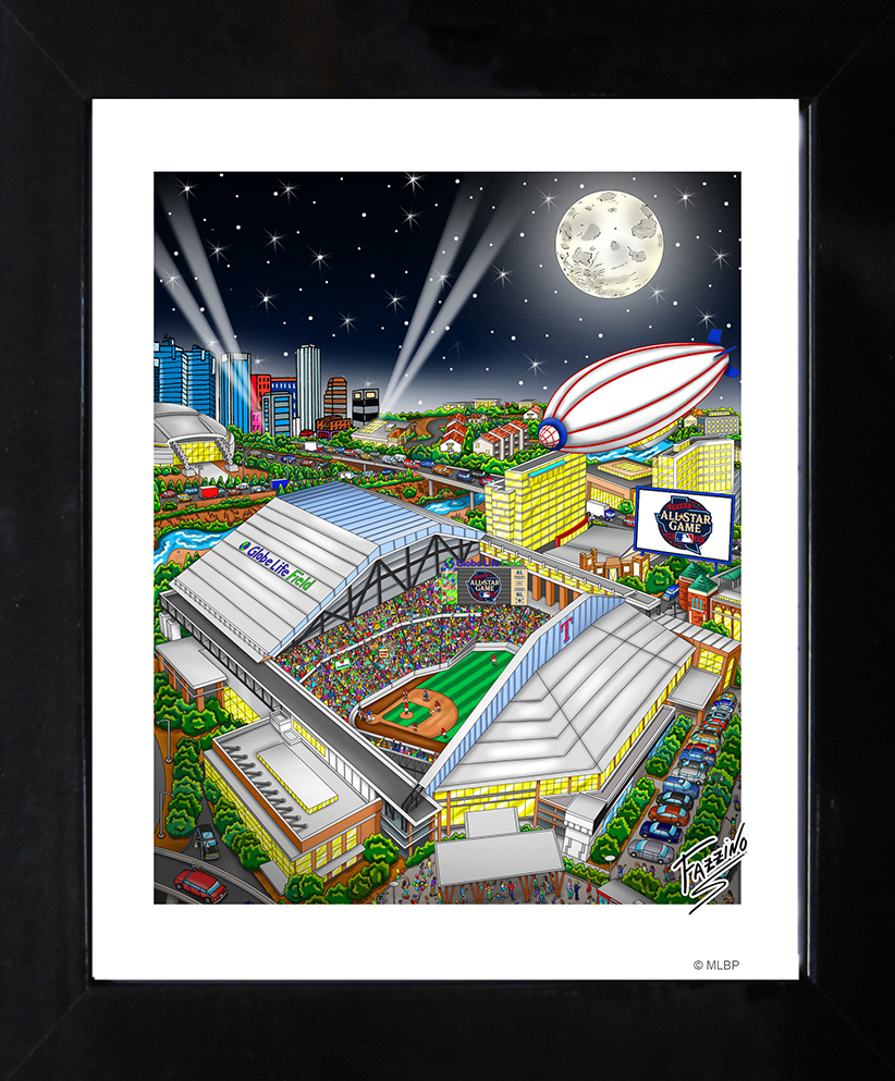 A mini print of the Arlington, Texas sport stadium with a baseball flying out of the sky