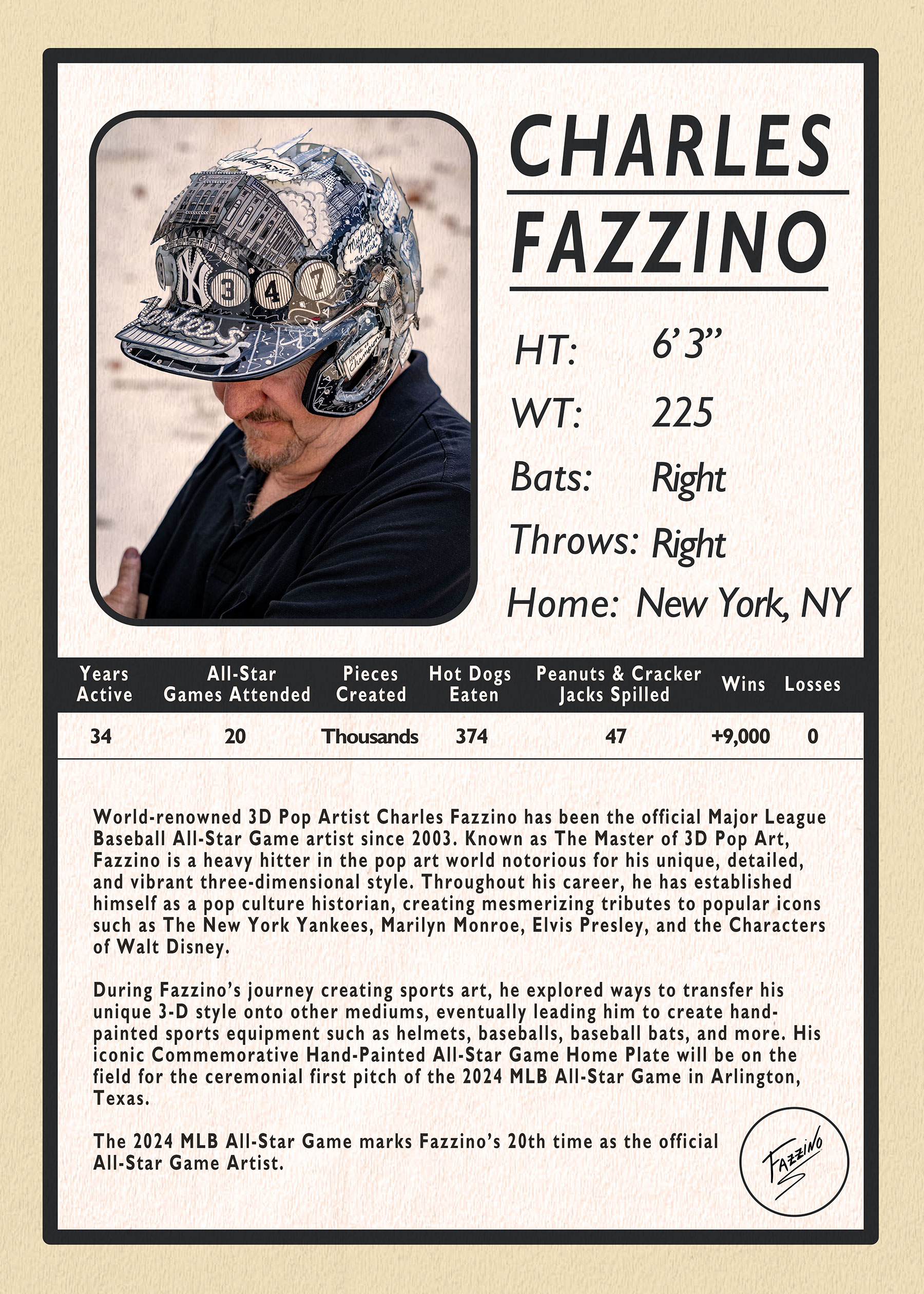 Fazzino in a hand-painted baseball helmet with his bio and "stats' indicated in text on the backside of the baseball card