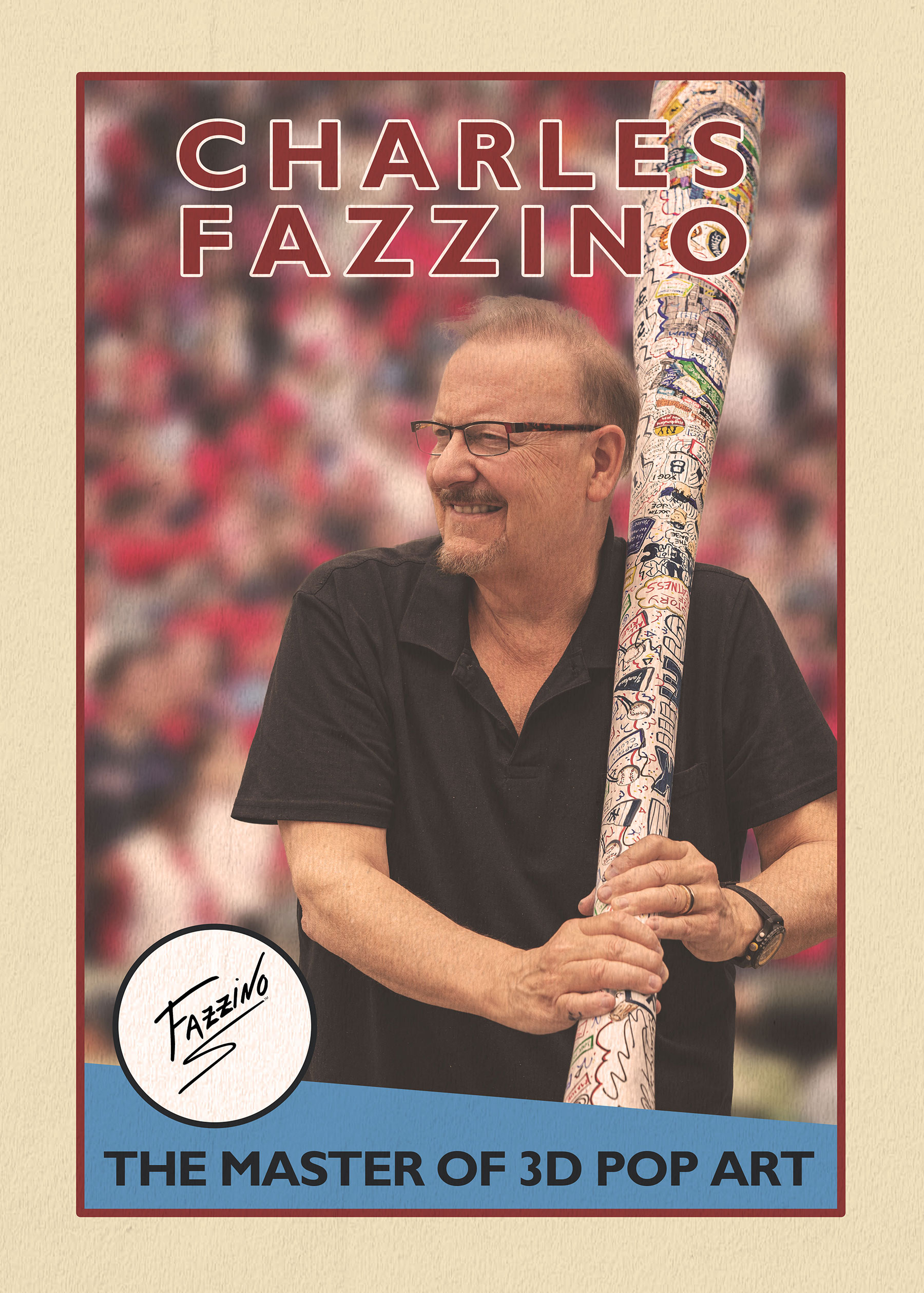 Fazzino holds a hand-painted baseball bat in the style of a baseball card