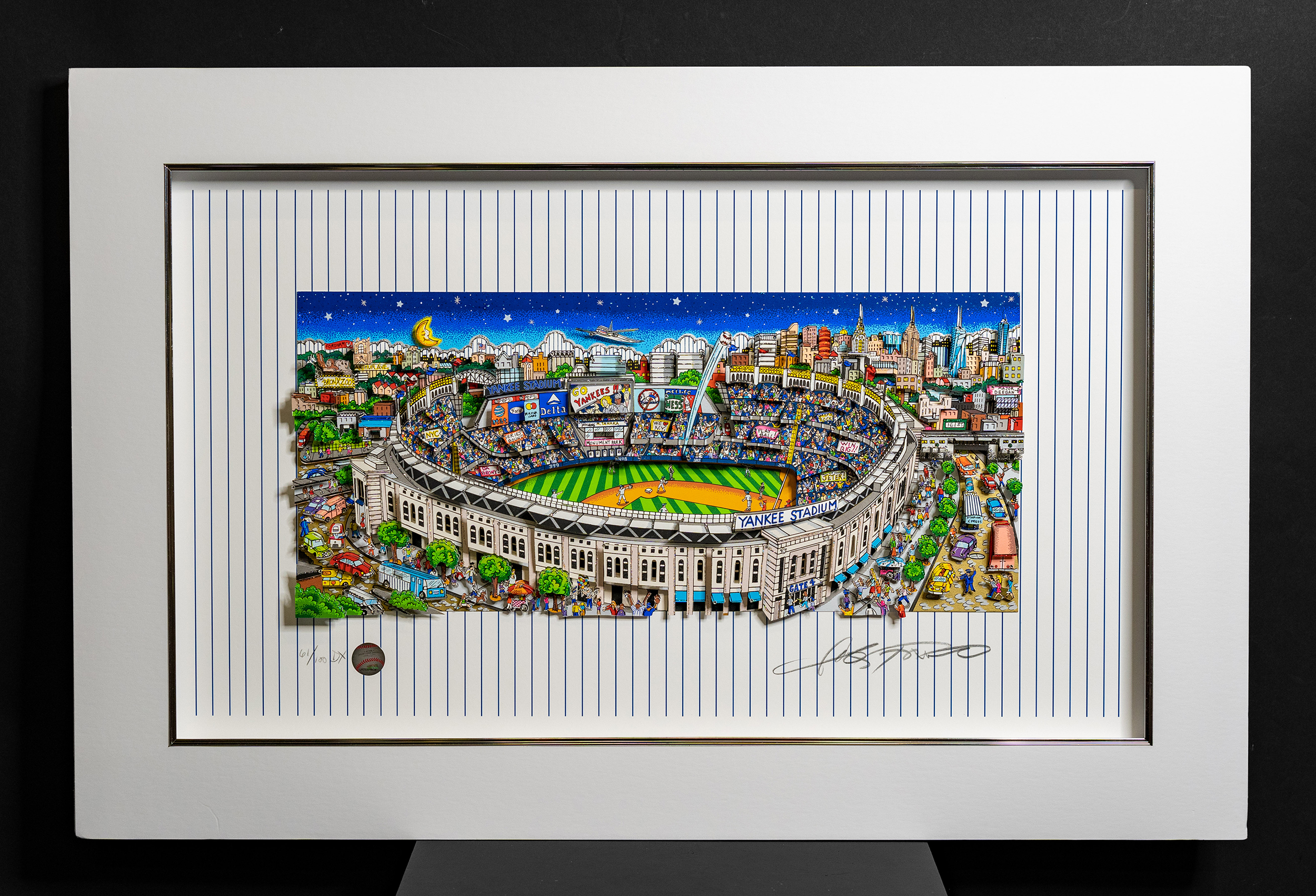 Yankee Stadium surrounded by the NYC cityscape and a bright blue sky above