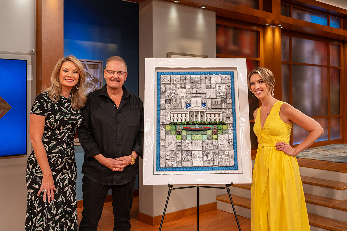 Fazzino, Kristen Berset and Ellen Bryan stand next to the artwork for The People's House on the set of Great Day Washington