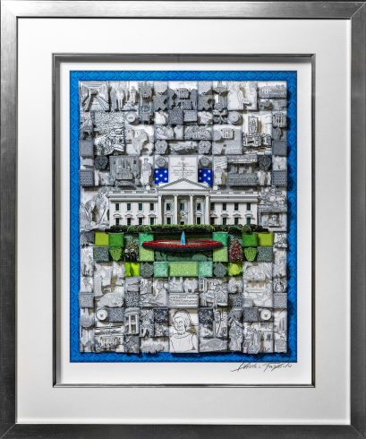 Fazzino's artwork for The People's House in the style of a quilt with small patchwork moments in the history of the White House set on a blue background and inside a matted silver frame