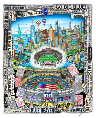 La obra de arte de Fazzino celebra los 100 años de los Gigantes de Nueva York con el horizonte de la ciudad de Nueva York de fondo, el estadio de los Gigantes, los fanáticos vitoreando y un recorte de periódico enmarcando todo.