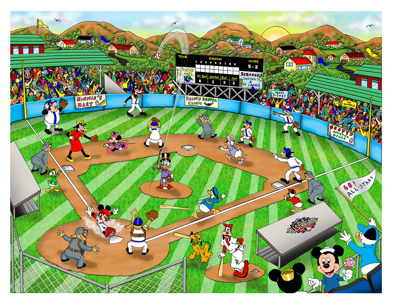 A the Disney characters get together on the baseball field to play a friendly game with Mickey sliding into home plate and Donald Duck running to first plate