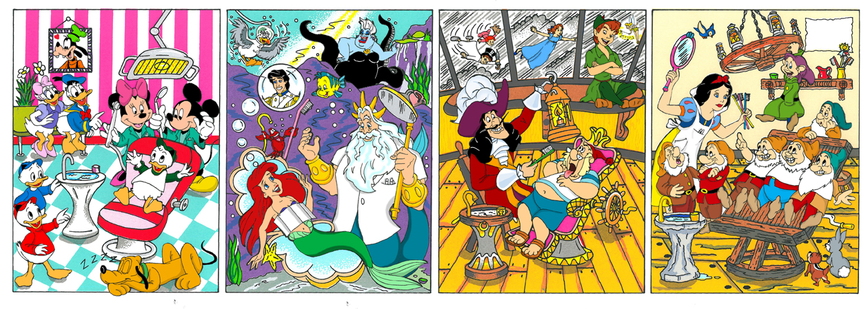 Four panels featuring different Disney characters including Mickey and Minnie Mouse, Daffy and Daisy Duck, the Little Mermaid, Captain Hook, and Snow White and the Twelve Dwarves 