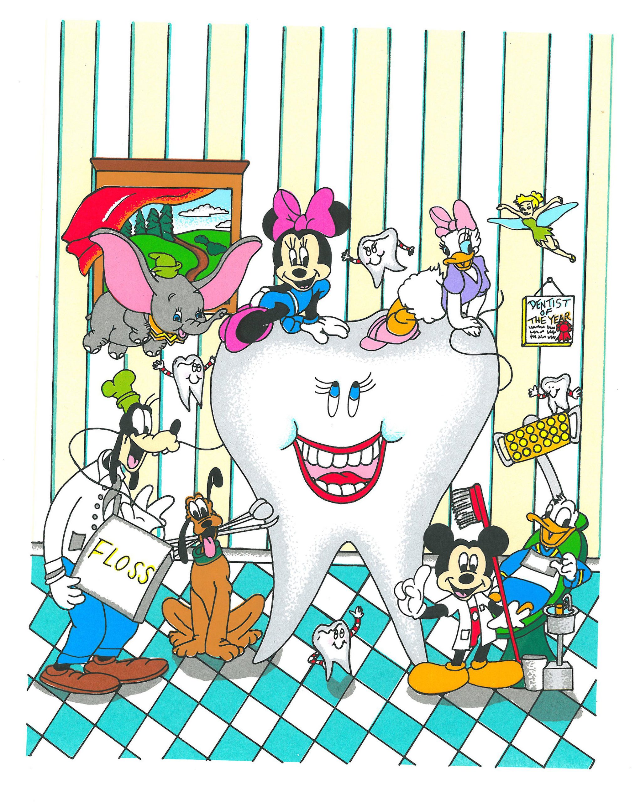 Mickey Mouse holding a tooth brush stands next to a giant tooth with Minnie Mouse, Daffy, Tinkerbell, and other characters 